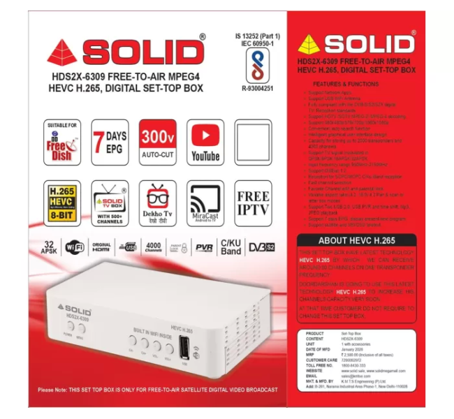 SOLID HDS2X-6309 FREE-TO-AIR MPEG4 HEVC H.265, DIGITAL SET-TOP BOX With Inbuilt Wifi