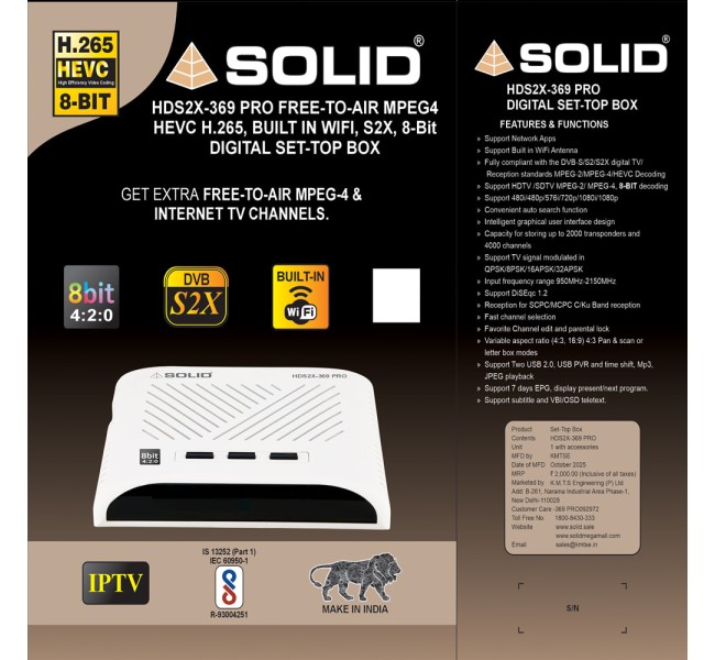 SOLID HDS2X-369Pro S2X, HEVC 8bits H.265 Free-To-Air Set-Top Box with Inbuilt Wifi