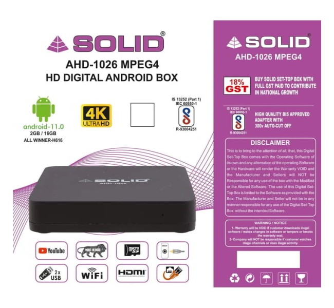 SOLID AHD-1026 Android 4K, H.265 2GB/16GB Android TV Box